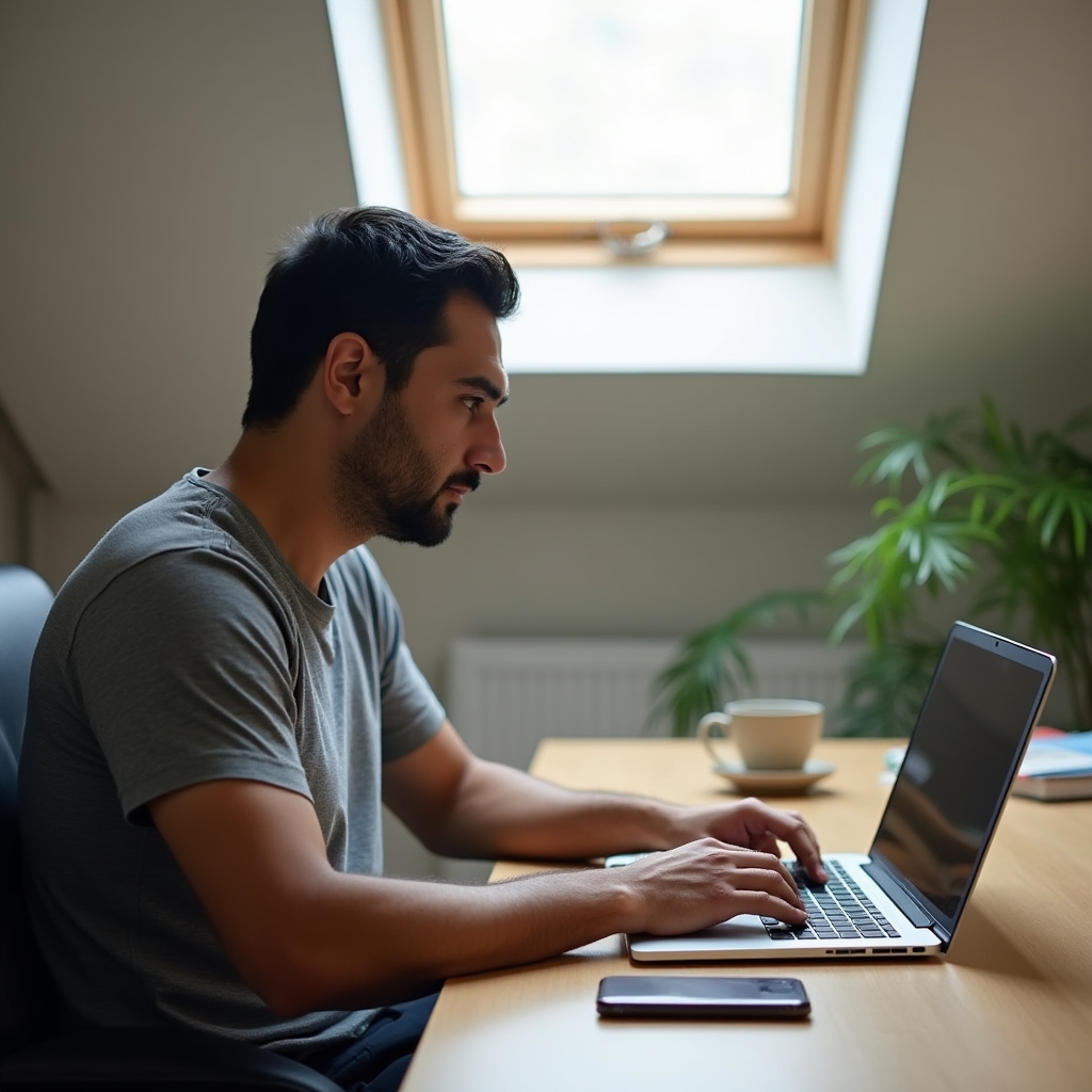 Remote worker with phone face-down on desk, deliberately not checking notifications, focused on work in a calm home office