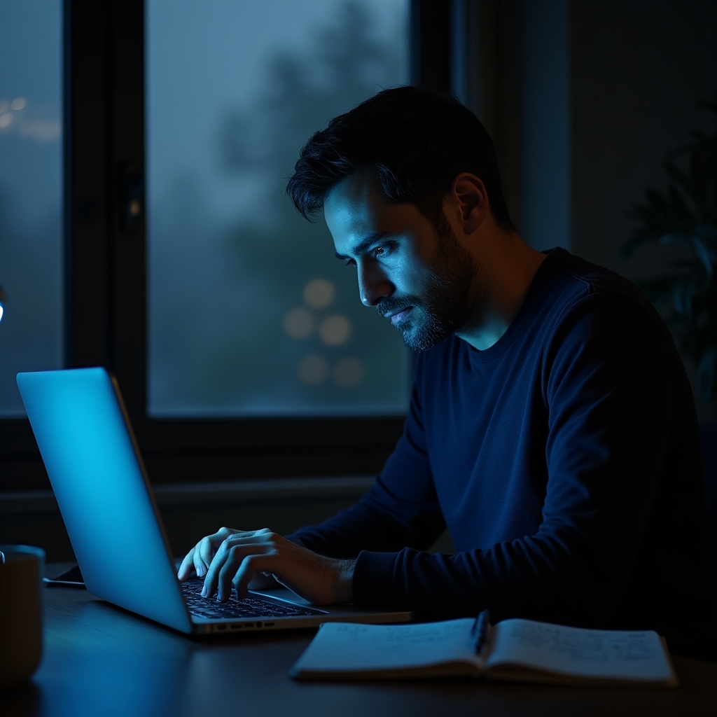 Person in focused deep work at a desk in early morning light, no distractions, concentrated expression