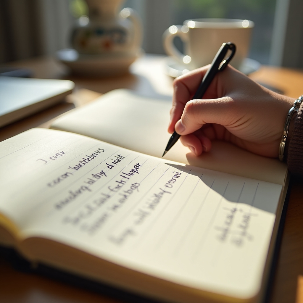 Hand writing in a notebook during morning planning session, coffee cup nearby, soft morning light, focused and calm atmosphere
