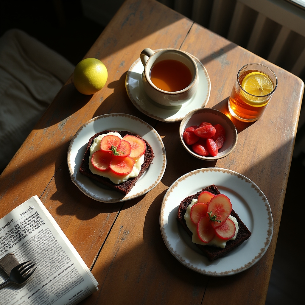 Traditional Polish second breakfast spread on a wooden table, open-faced sandwiches, tea, morning light through a window